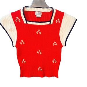 Vtg 70s Fully Fashioned Knit Top Red Floral Embroidery Cap Sleeve Acrylic 
 Med